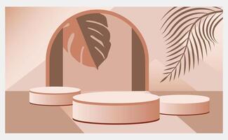 Podium image banner mockup design with tropical plant elements for premium product display and ads templates background vector