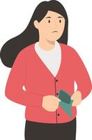Poor Woman Holding Empty Wallet on White Background vector