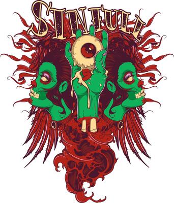 A dark and edgy t-shirt design featuring a sinister green skull with zombie hands, perfect for horror-themed apparel,