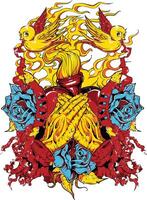 A vibrant illustration featuring a red and yellow heart with delicate birds resting on top. vector