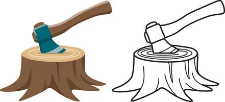 Axe Stuck in Tree Stump Color and Line Illustration. vector