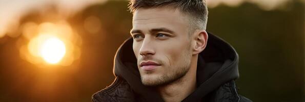 Handsome Man Portrait with Sunset in the Background photo