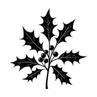 Holly branch with pointed leaves and berries in black silhouette style on white background, symbolizing winter, holidays, and nature themes