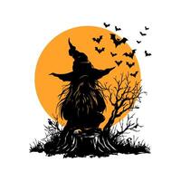 Silhouette Halloween gnome is sitting on a stump in front of a full moon. There are bats flying around her vector