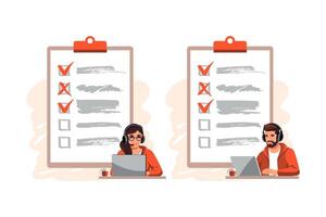 Survey concept. Feedback from customers or opinion form. Client answers understanding with professional research team. Characters filling survey form. vector