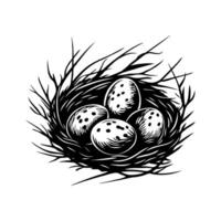 Easter eggs with intricate patterns in a nest surrounded by leaves, black and white artistic style, on a white background, holiday concept vector