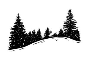 Snow-covered pine forest and small cabin in black silhouette style on white background, representing winter, solitude, and nature calmness vector