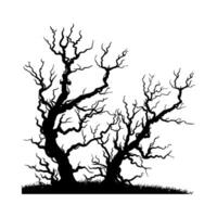 A black and white drawing of a Halloween forest with trees that are bare and twisted on white background. illustration vector