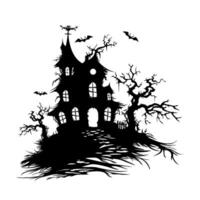 Silhouette Halloween castle on white background. The castle is surrounded by trees, some of which are bare and twisted. illustration vector