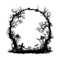 Halloween frame with spooky trees, pumpkins and graveyard design on white background. vector