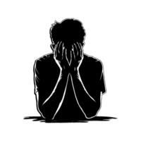 Silhouette of a distressed man covering his face with hands, expressing deep sorrow. Black and white illustration on a white background, symbolizing despair vector