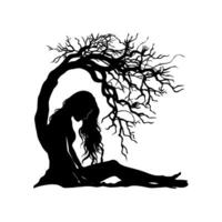 Silhouette of a woman sitting under a tree with bare branches, against a white background. Concept of sadness or loss shown in a minimalist style vector