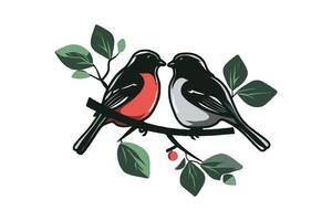 Two birds, one with red chest, sit on a leafy branch. Minimalist graphic style on a white background. Concept of nature and love vector