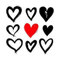 Set of nine hand-drawn heart shapes in black and red ink, painted with brush strokes on a white background, expressing love and emotion concepts vector