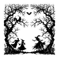 Silhouettes of witches under bare trees with owl and bat in eerie style on white background, concept of Halloween fantasy scene vector