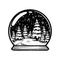 Black and white snow globe with winter pine trees and snowflakes inside scene. vector