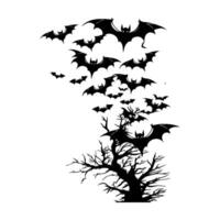 Silhouette tree with Halloween bats flying around it on white background. The image has a spooky and eerie mood. illustration vector