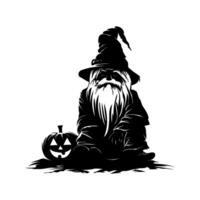 Silhouette Halloween gnome sitting on the ground with a pumpkin in front of him on a white background vector