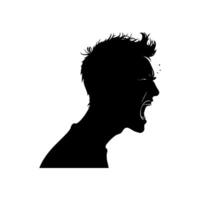 Silhouette of a man with messy hair screaming, side view on a white background. Concept of anger, frustration, and emotional expression vector