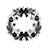 Christmas wreath decorated with ornaments, bows, snowflakes, and pine branches in black and white on a white background. Festive design vector