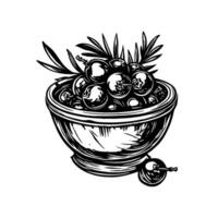A bowl filled with cranberry sauce and leaves, drawn in a detailed monochrome style on a white background, symbolizing nature and harvest vector