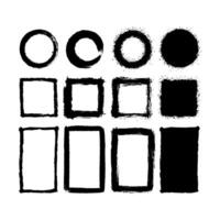 Set of grunge hand-drawn circles, squares, and rectangles in black ink style on white background, showing artistic sketch concept vector