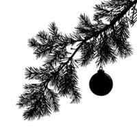 Silhouette of pine tree branch with hanging bauble in hand-drawn style on white background, concept of festive holiday decoration vector