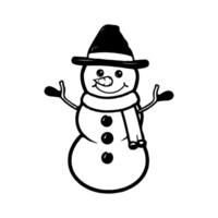 A black and white drawing snowman with a scarf and hat on white background. vector