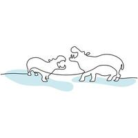 Two Big Hippopotamus. Single Line Drawing. vector