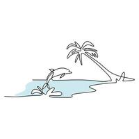 Dolphin Near Beach. Continuous Line Art. vector