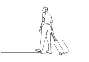 Walking Man with Suitcase One Line Art vector