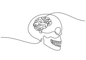 Skull with Brain Continuous Line Art vector