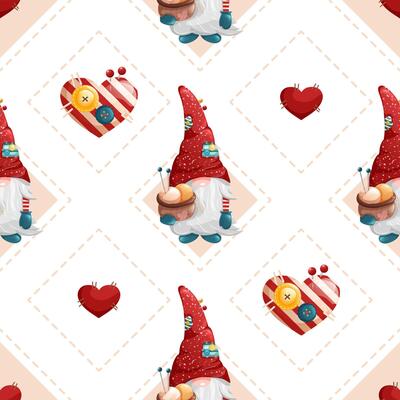 Seamless rhombus pattern with cute gnomes and hearts. Geometric sew texture with buttons and knitting yarn.
