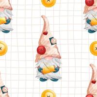 Seamless pattern striped, with tailor, buttons and little hearts. Repetitive pattern of cute gnome with sewing thread and needle. vector