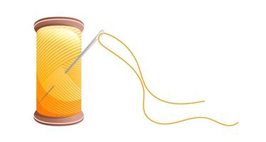 Spool of yellow thread and needle. Working tool for sew. vector
