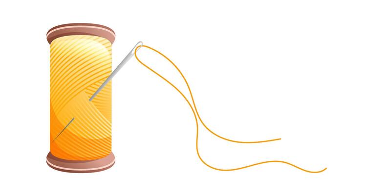 Spool of yellow thread and needle. Working tool for sew.