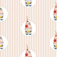 Seamless striped pattern with tailor, buttons and little hearts. Repetitive pattern of cute gnome dwarf with sewing thread and needle. vector