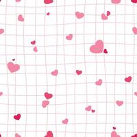 Seamless checkered pattern with and pink hearts. Geometric striped repeating gingham hand drawn texture. vector