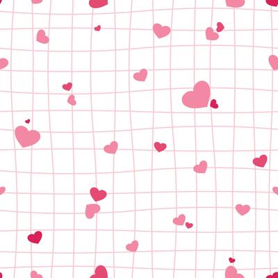 Seamless checkered pattern with and pink hearts. Geometric striped repeating gingham hand drawn texture.