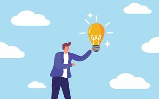 Man holding up light bulb with clouds in the background vector