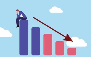 A man is sitting on a bar chart with an arrow pointing down vector