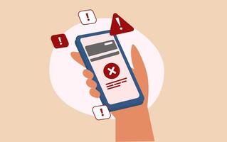 A hand holding a smartphone with a red and white warning vector
