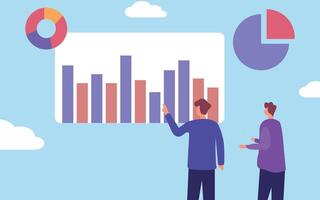 Two people are looking at a chart on a board vector