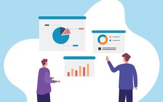 Two people are looking at graphs and charts on a screen vector