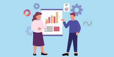Two people are standing next to a board with graphs and other items vector