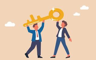 Two people holding a key to a building vector