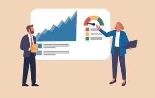 Business people standing in front of a board with graphs and charts vector