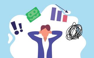 A person is holding their head in their hands and looking at a chart with money and other items vector