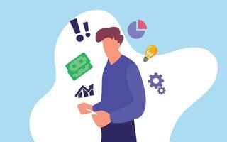 A man is holding a paper with money and other icons vector