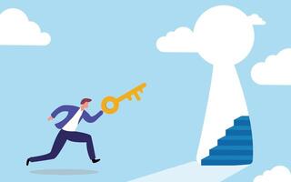 A man is running up a staircase with a key in his hand vector
